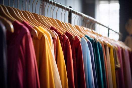 A vibrant selection of shirts arranged in a neat row, showcasing a variety of colors