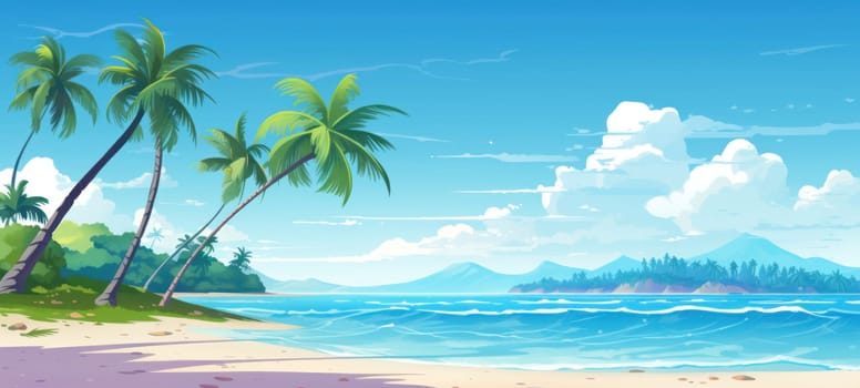 Illustration of a serene tropical beach with palm trees, crystal blue water, and distant mountains, ideal for relaxation.