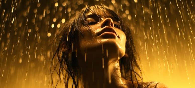 A woman basks in a golden shower of rain, with a sense of freedom and rejuvenation, highlighted by the warm lighting.