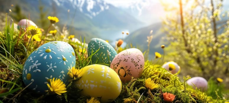 A variety of decorated Easter eggs nestled in a field of wildflowers against a mountain backdrop.