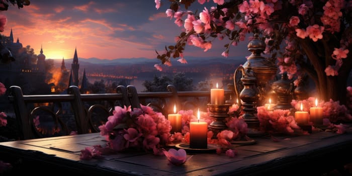 Romantic set up dinner set at night with candle