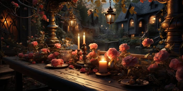 Romantic set up dinner set at night with candle