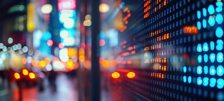 Blurred city lights with close-up of digital stock market numbers, capturing the dynamic pulse of an urban night economy.