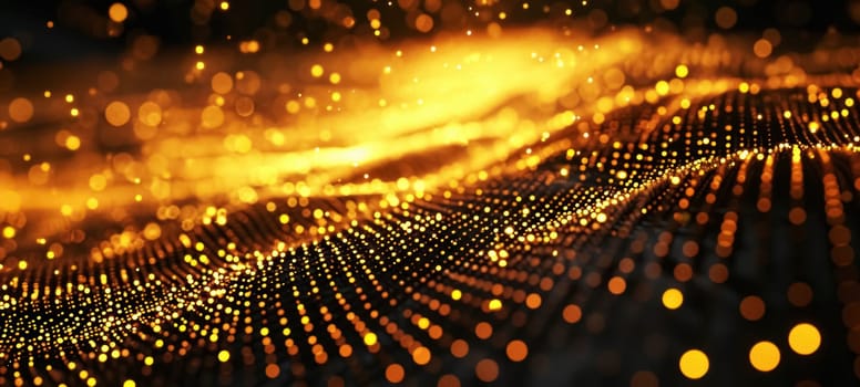 A dynamic image of golden particles creating a wave pattern against a dark backdrop, suggestive of connectivity and motion.