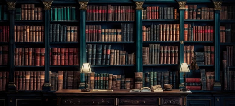 An extensive collection of various books organized neatly on wooden shelves in a private library.