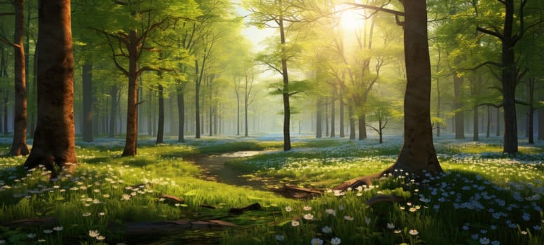 A magical forest scene with sunlight streaming through trees onto a path lined with white flowers, evoking peace and tranquility.