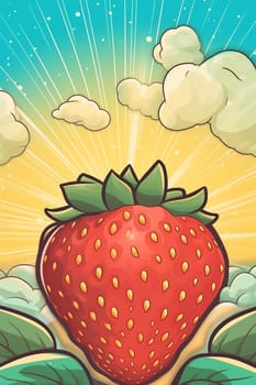 Giant strawberry under a bright sky amid clouds