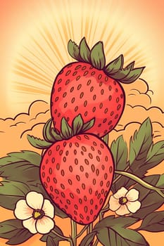 Illustration of ripe strawberries on plant against a sunset.