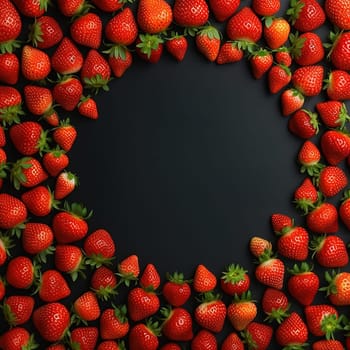 Fresh strawberries bordering an empty dark circular center on a black background.
