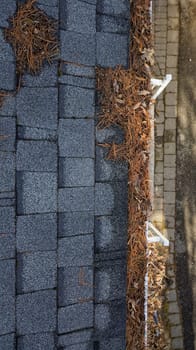 Drone view of residential rain gutter eavestrough filled with pine needles and tree debris. High quality photo