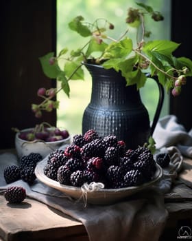 Plate of ripe blackberries on a table with natural light