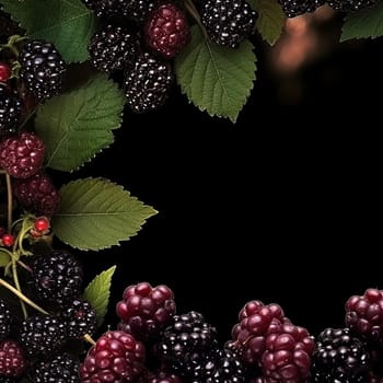 Ripe blackberries on a branch with green leaves against a dark background.