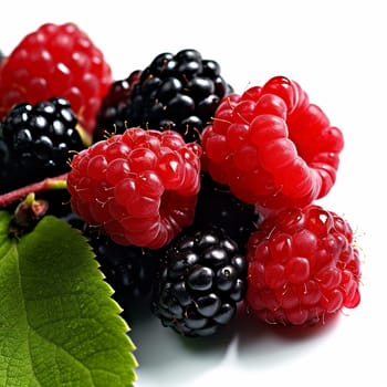 An assortment of fresh blackberries and raspberries isolated on white background.