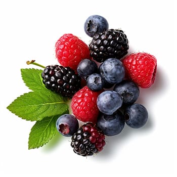 An assortment of fresh blackberries, blueberries and raspberries isolated on white background.