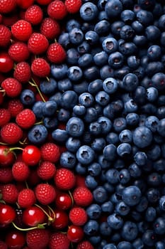 Assortment of raspberries and blueberries arranged to form a pattern.