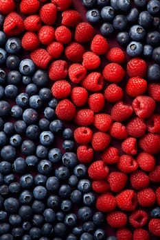 Assortment of raspberries and blueberries arranged to form a pattern.