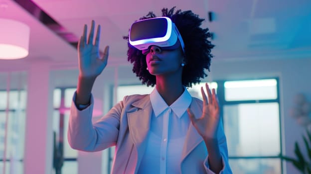 A young woman wearing futuristic VR goggles and gesturing in the office. Generative AI.