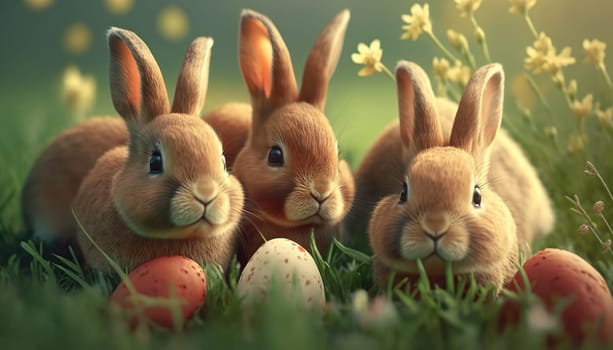 Three adorable bunnies nestled among Easter eggs and spring flowers