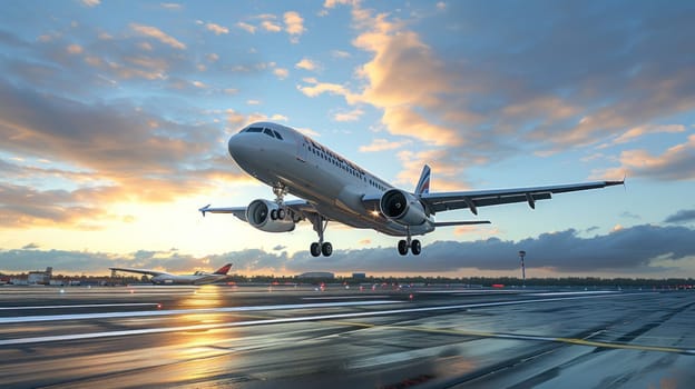 An airplane jet on runway at sunset. Outdoor travel concept. Generative AI.