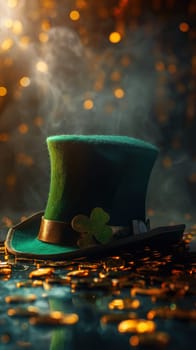Green Patricks hat with gold coins close up ai generated image