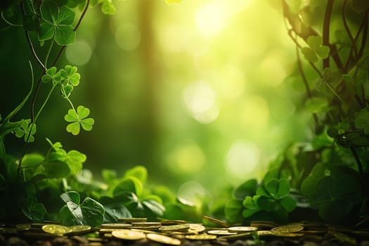 Golden coins on wood table with clover arc background ai generated image