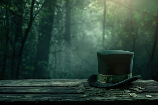 Green Leprechauns hat on wood table in dark tones ai generated image