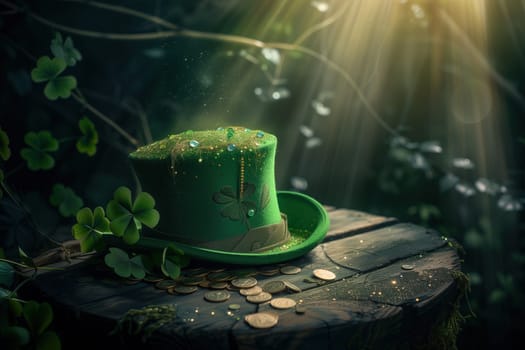 Green Leprechauns hat on wood table in dark tones ai generated image