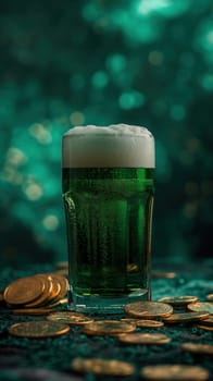 Irish glass of beer with foam and gold coins ai generated image