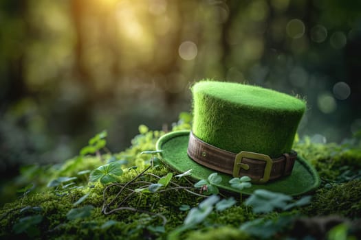 Green Leprechauns hat on clover grass in sunlights ai generated image