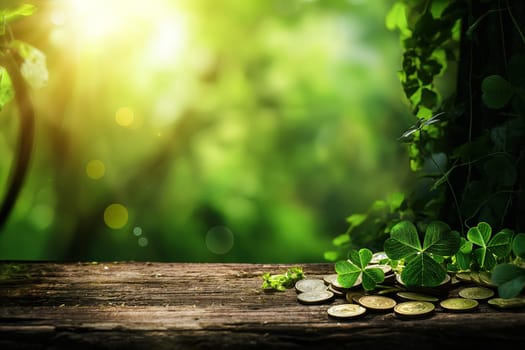 Golden coins on wood table with clover arc background ai generated image