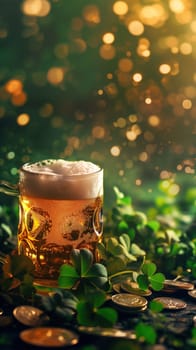 Irish glass of beer with foam and gold coins ai generated image