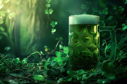 Glass of beer in irish forest background ai generated image