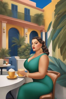 iilustration of voluptous female model having latte macchiato relax outdoors poolside in villagenerative ai art