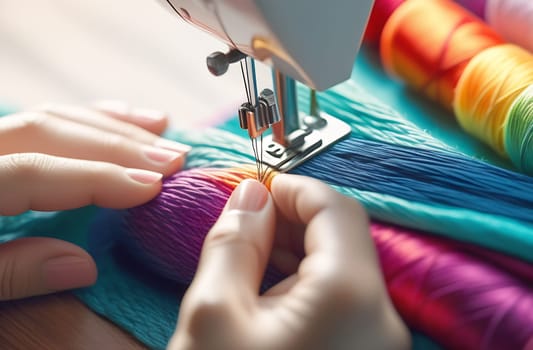 Close-up of hands working on a modern sewing machine, a woman stitching a bright fabric.