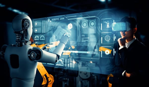 XAI Mechanized industry robot and human worker working together in future factory. Concept of artificial intelligence for industrial revolution and automation manufacturing process.