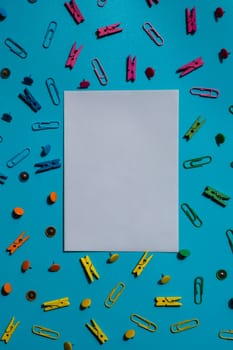 Empty white paper note frame border of school stationery supplies. Copy space for your text or Educational greeting announcement for students and teacher. Top view flat lay Creative vivid colorful background. Concept of new school year