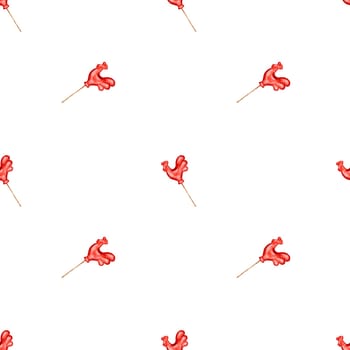 Watercolor seamless pattern with lollipop red rooster. Retro illustration on white background. For printing on fabrics and wrapping paper for candy store. For kitchen textiles. High quality photo