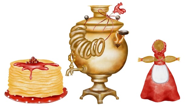 Watercolor set on Shrovetide isolated pictures on white background. Samovar with bagels and rooster, straw effigy in national Russian costume and plate with pancakes. For design of postcards and banners for Maslenitsa. High quality photo