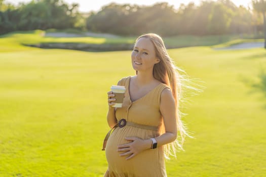 pregnant woman enjoys a cup of coffee outdoors, blending the simple pleasures of nature with the comforting warmth of a beverage during her pregnancy.