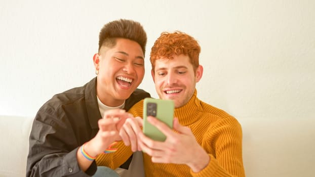 Happy multiethnic gay couple looking at something on the mobile at home