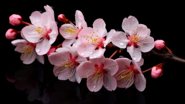 Abstract natural spring background light rosy dark flowers close up. Branch of pink white sakura cherry on a black background. Colorful artistic image with soft focus and beautiful bokeh in summer spring