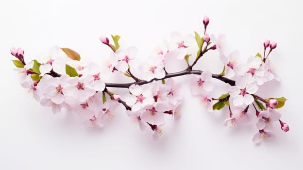 Abstract natural spring background light rosy dark flowers close up. Branch of pink sakura cherry blossom on a white background. Colorful artistic image with soft focus and beautiful bokeh in summer spring