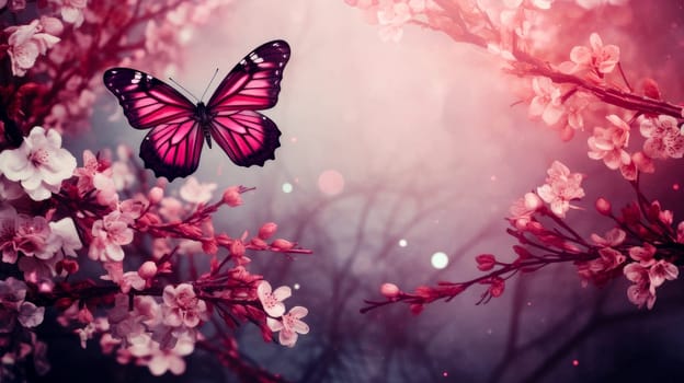 Abstract natural spring background with butterflies and light burgundy meadow flowers close-up. Colorful artistic image with soft focus and beautiful bokeh in summer spring