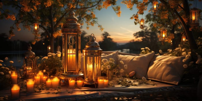 Beautiful view of garden furniture with pillow and burning candles at balcony for romantic dinner.