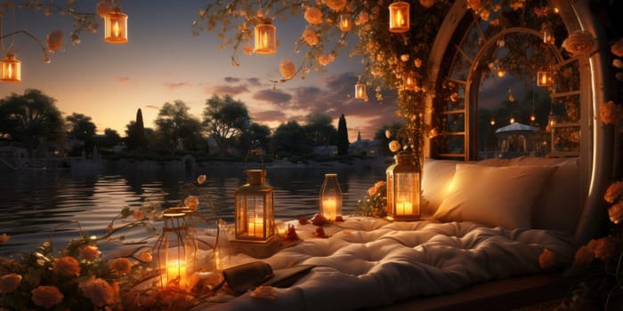 Beautiful view of garden furniture with pillow and burning candles at balcony for romantic dinner.