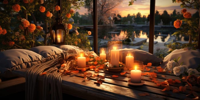 Beautiful view of garden furniture with pillow and burning candles at balcony for romantic dinner.