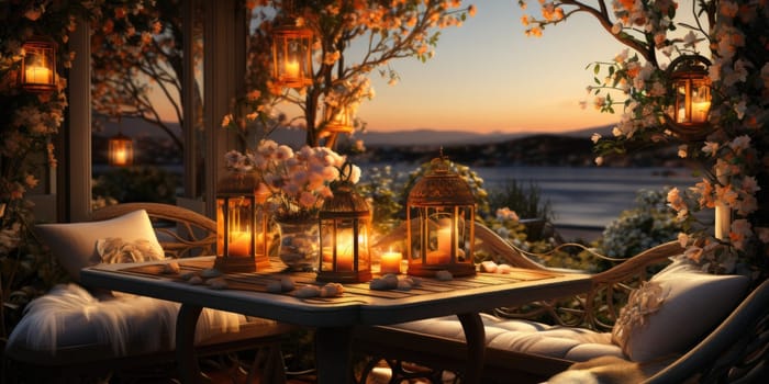 Beautiful view of garden furniture with pillow and burning candles at balcony for romantic dinner.