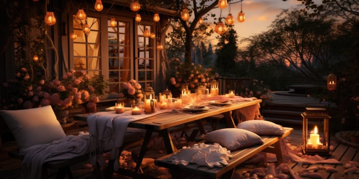 Beautiful view of garden furniture with pillow and burning candles at balcony for romantic dinner.