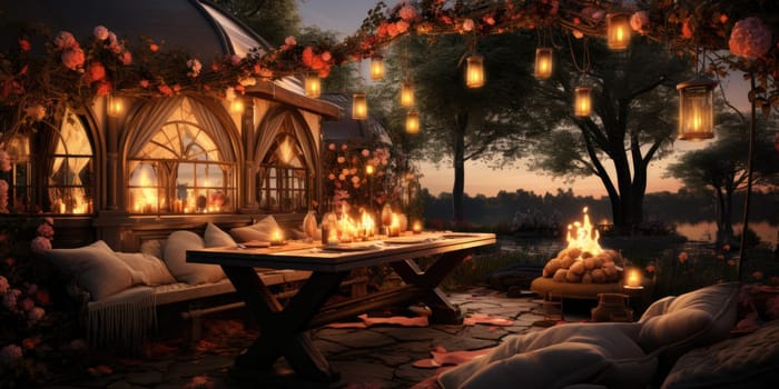 Beautiful view of garden furniture with pillow and burning candles at balcony for romantic dinner.