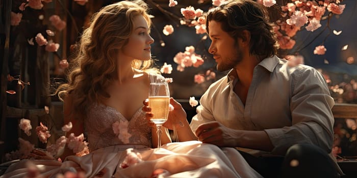 Beautiful young couple with glasses of wine in romantic garden.